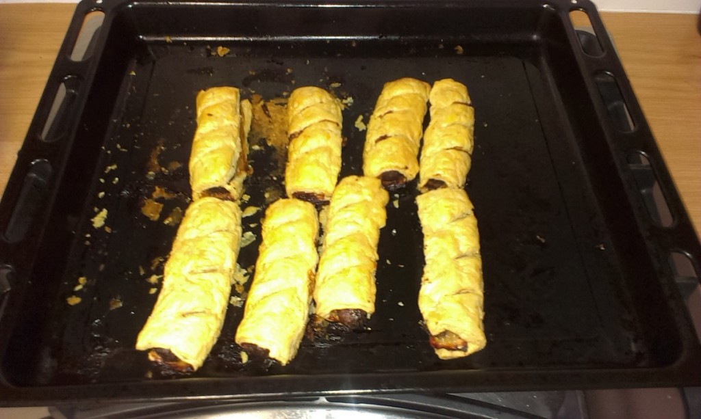 Sausage rolls fresh from the oven.