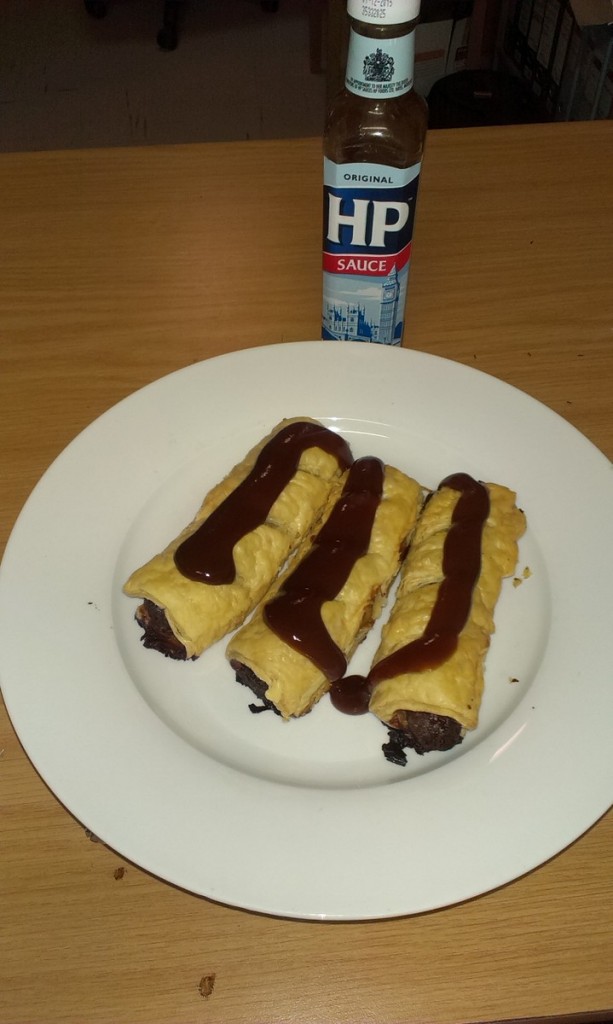 Sausage rolls and HP Sauce.