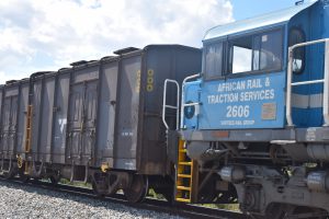 Cab end of ex-Queensland Railways class 2600 unit 2606, owned by African Rail & Traction Services, attached to a grain train on its way through Botswana.